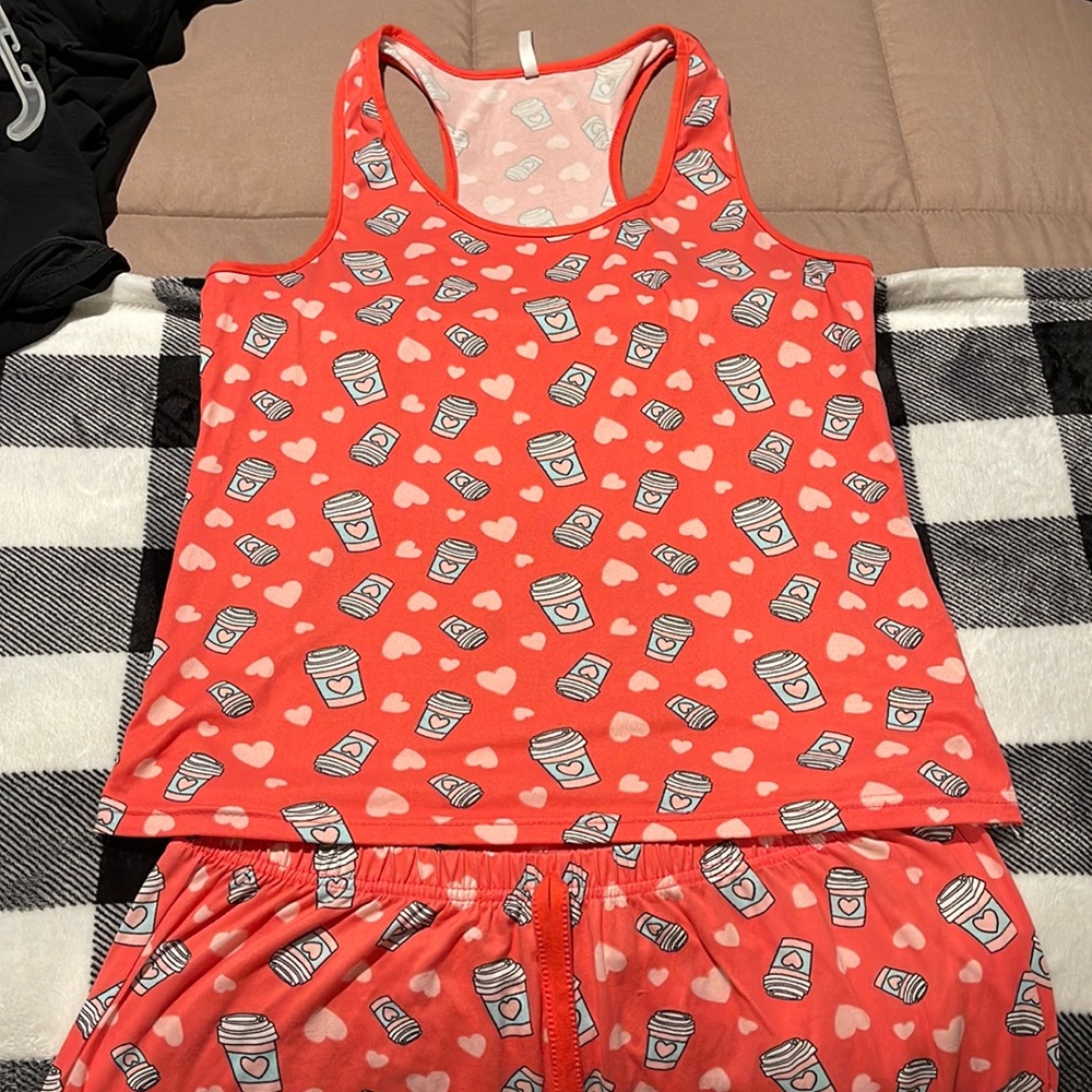 Matching PJ set with pink coffee cups